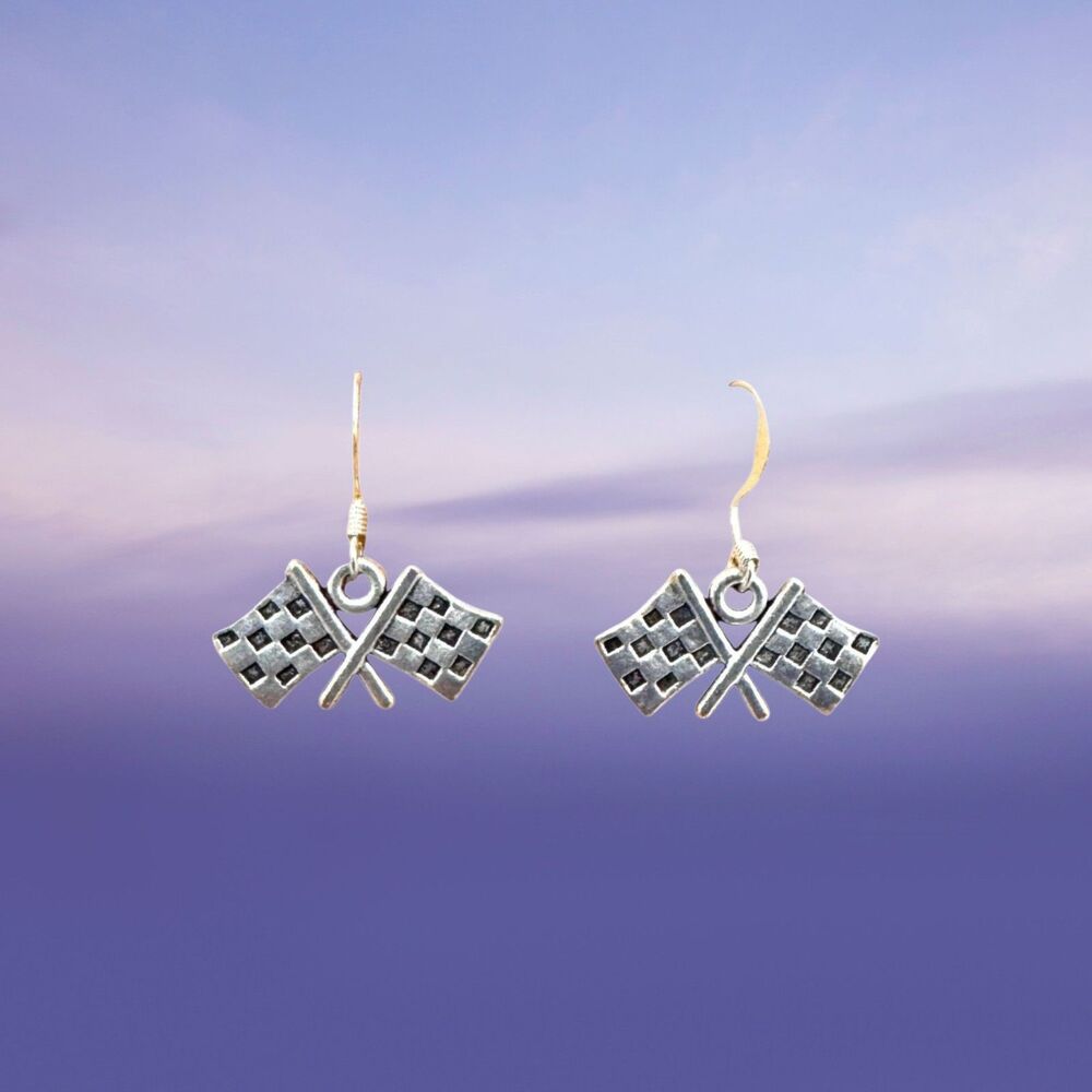 Silver Race Day Flag Charm on Sterling Earrings #2155
